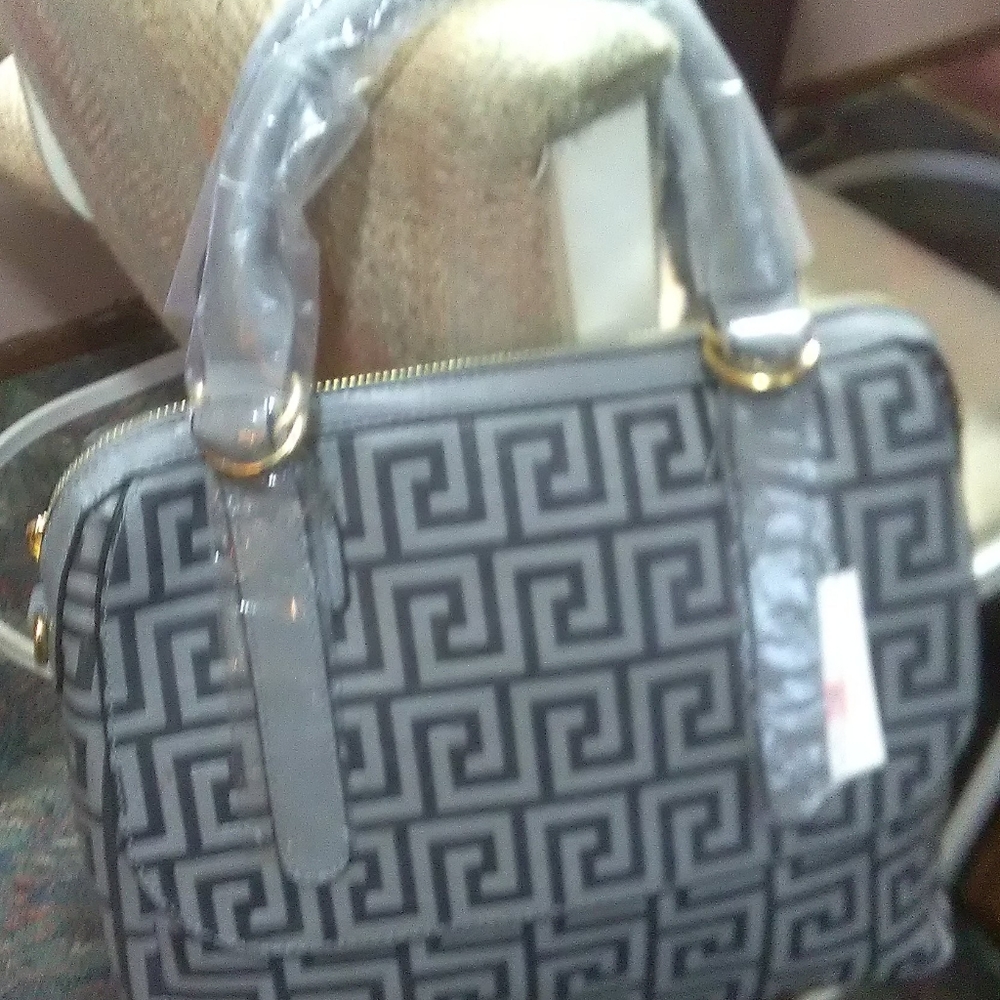 Gray Faux Leather Fret Embossed Handbag